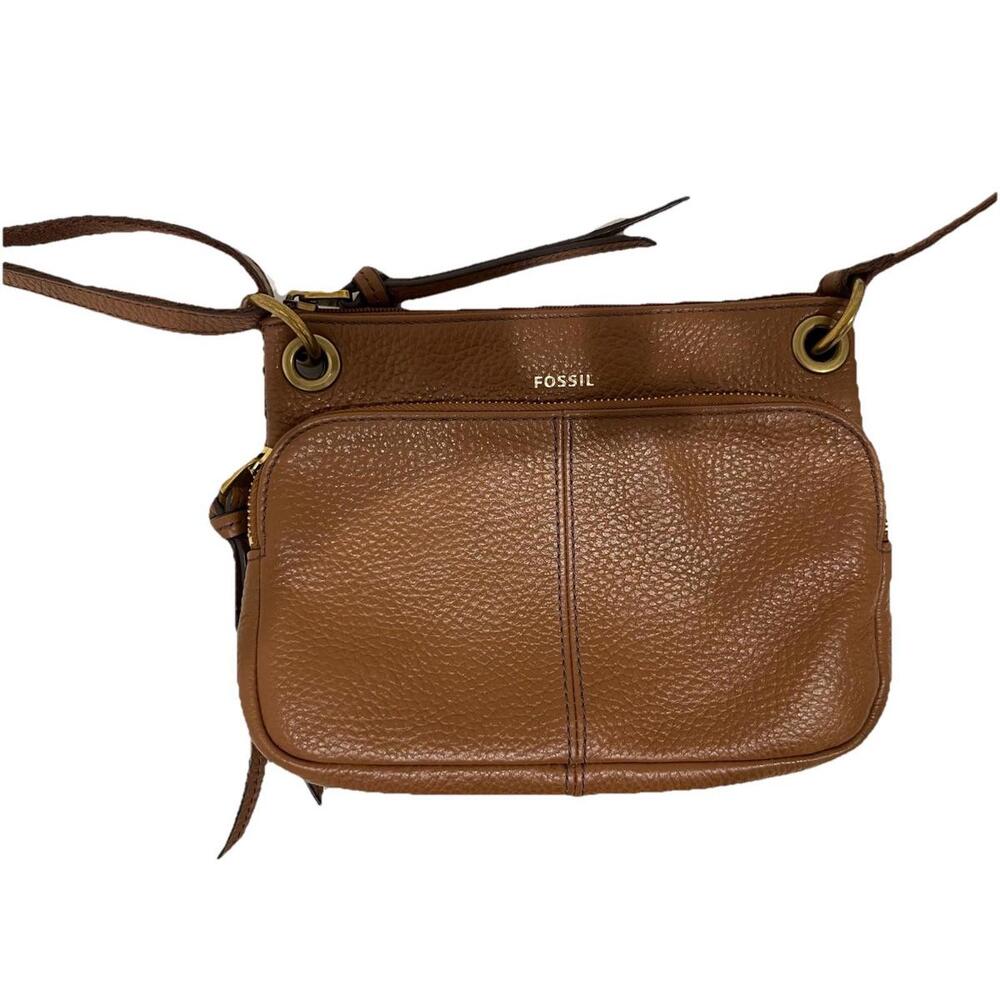 Fossil Leather Crossbody Bag With Outer Pocket Medium Adjustable Strap Tan